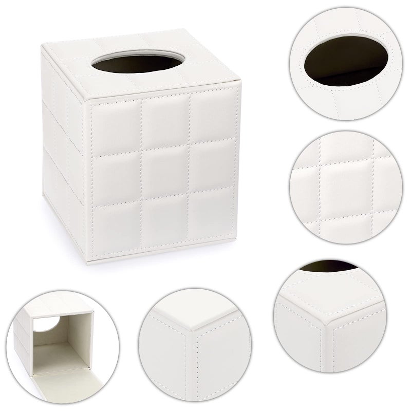Sumnacon Square Leather Tissue Box Cover - Stylish Cube Tissue Box Holder with Magnetic Bottom, Decorative PU Tissue Box for Vanity Dresser Night Stand Table Countertop Home Office Car, Grid White - Image 4